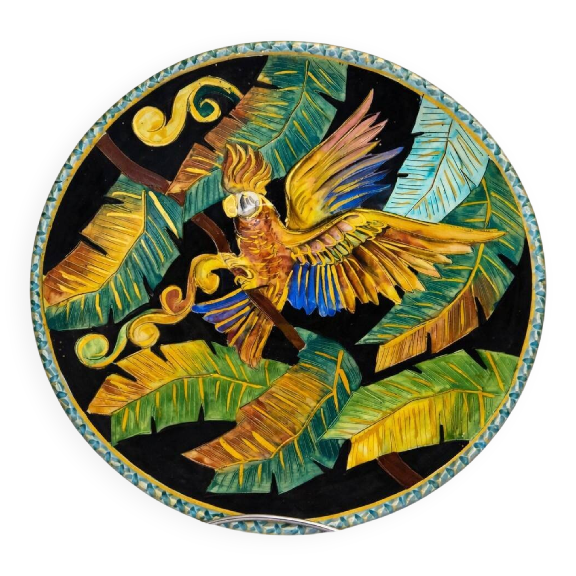 Large Vallauris dish in polychrome ceramic – parrot decoration – signed