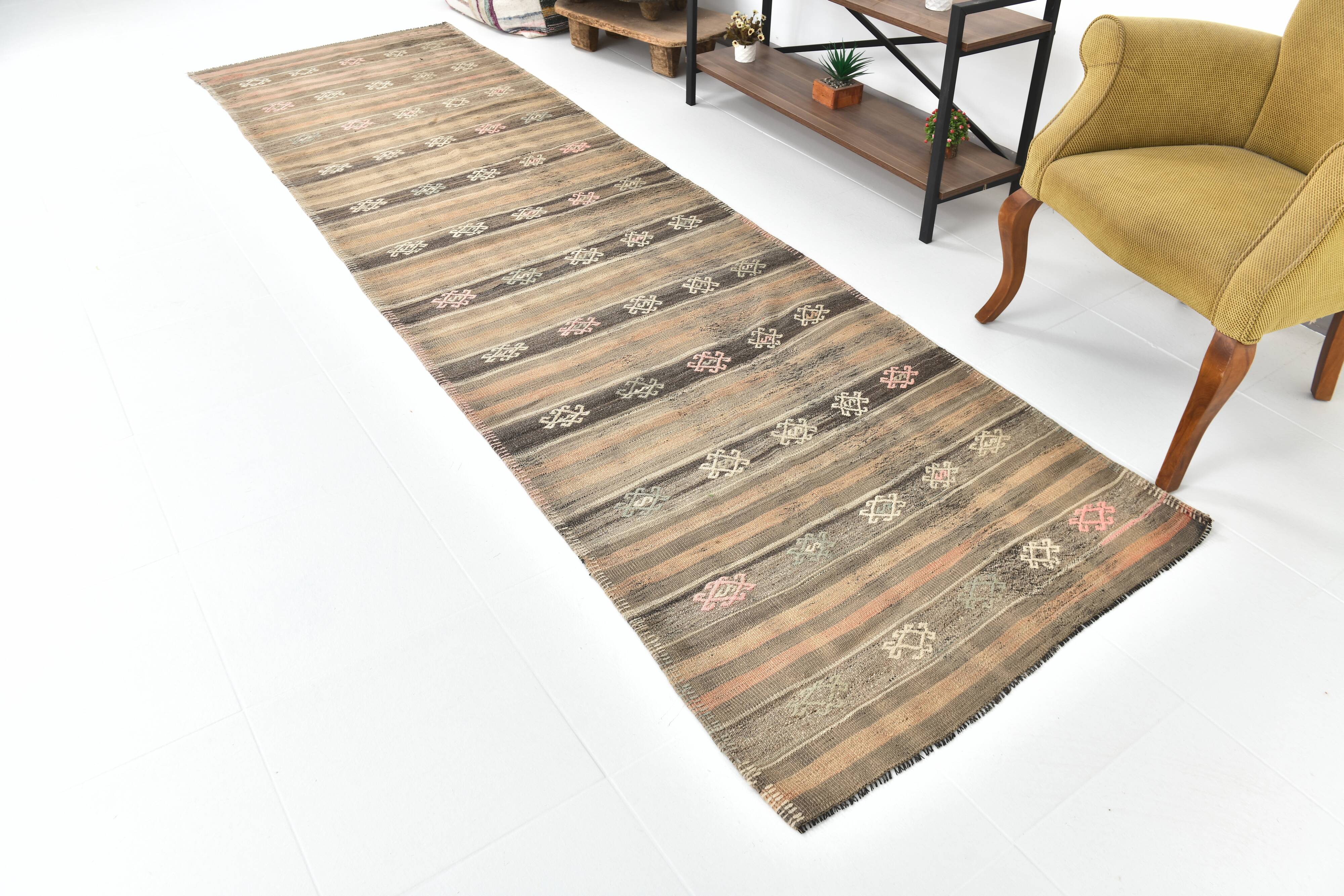 3x12 Brown Mustard Turkish Kilim Runner Rug 101x353Cm