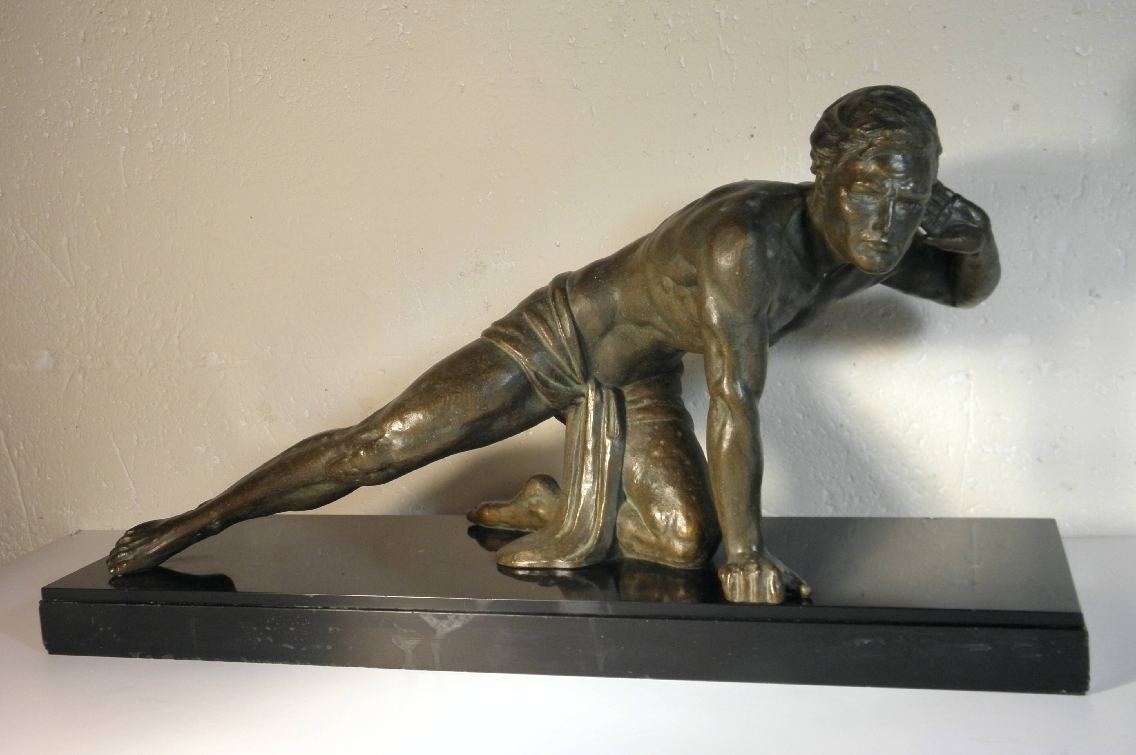 Art Deco spelter sculpture on marble base J. De Roncourt