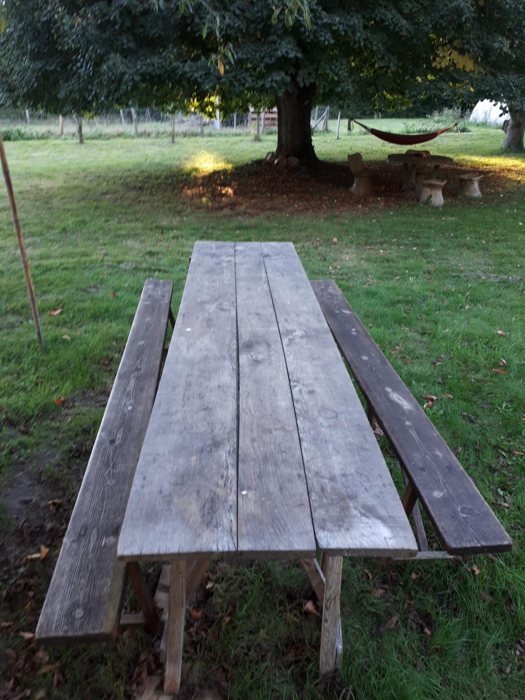 Vintage Guinguette table set with 2 benches