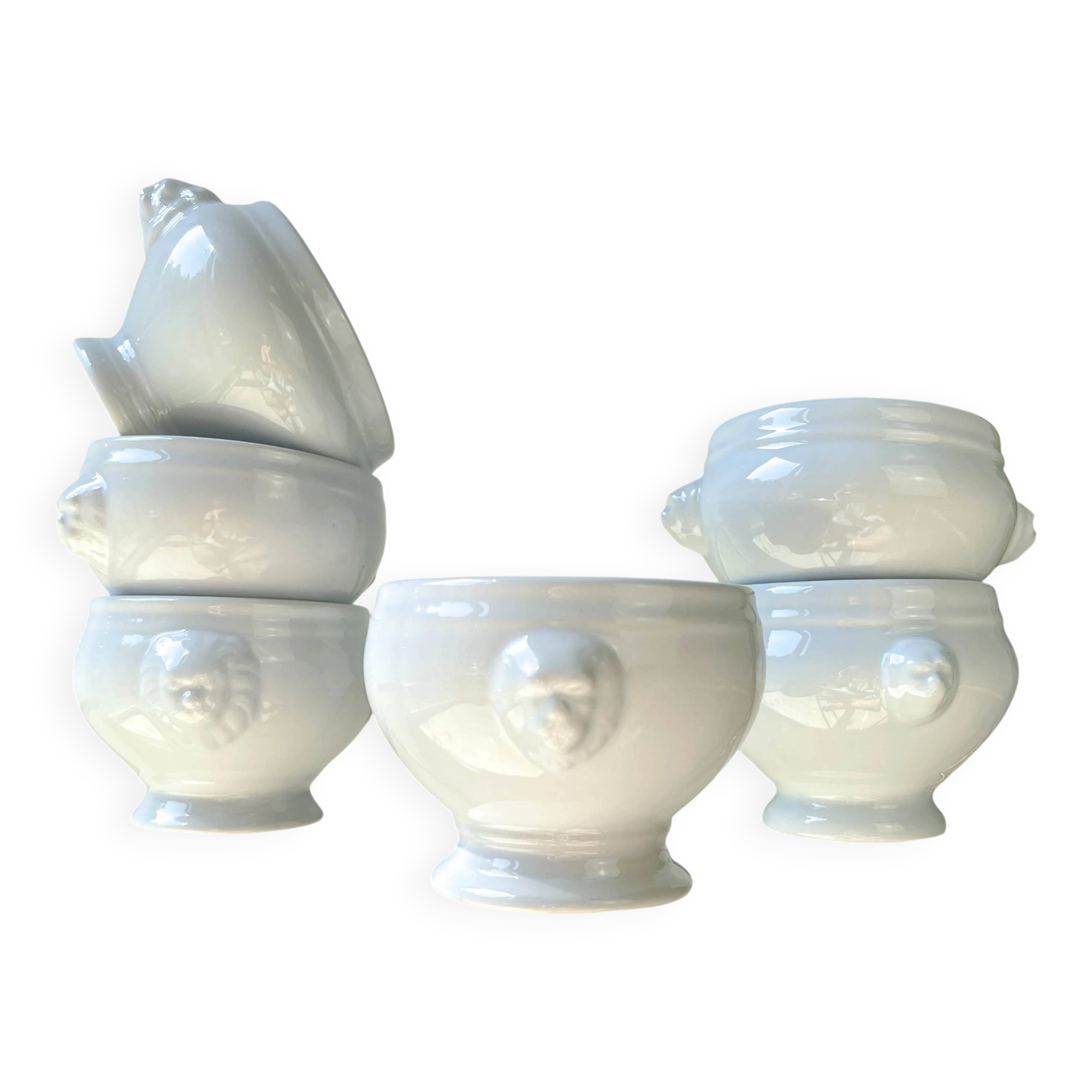 6 mismatched vintage porcelain lion head onion soup bowls - white, made in France