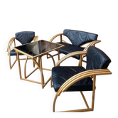 Ensemble mid-century 4 pièces cuir noir et bois clair : canapé 2 places, 2 fauteuils, table