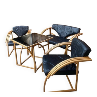 Mid-century 4-piece set in black leather and light wood: 2-seater sofa, 2 armchairs, table.