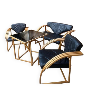 Mid-century 4-piece set in black leather and light wood: 2-seater sofa, 2 armchairs, table.