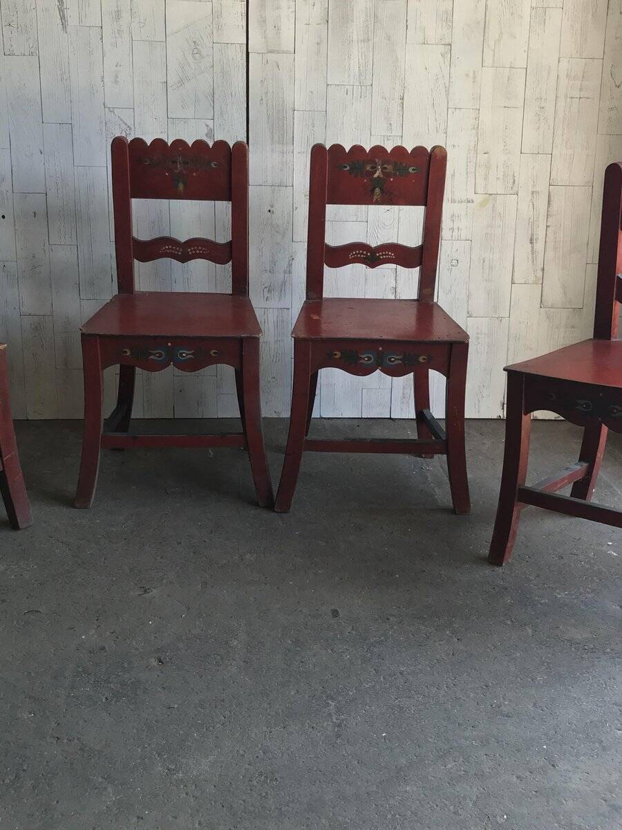 Lot de 4 chaises anciennes en bois peint marron pour salle à manger, décor floral peint main
