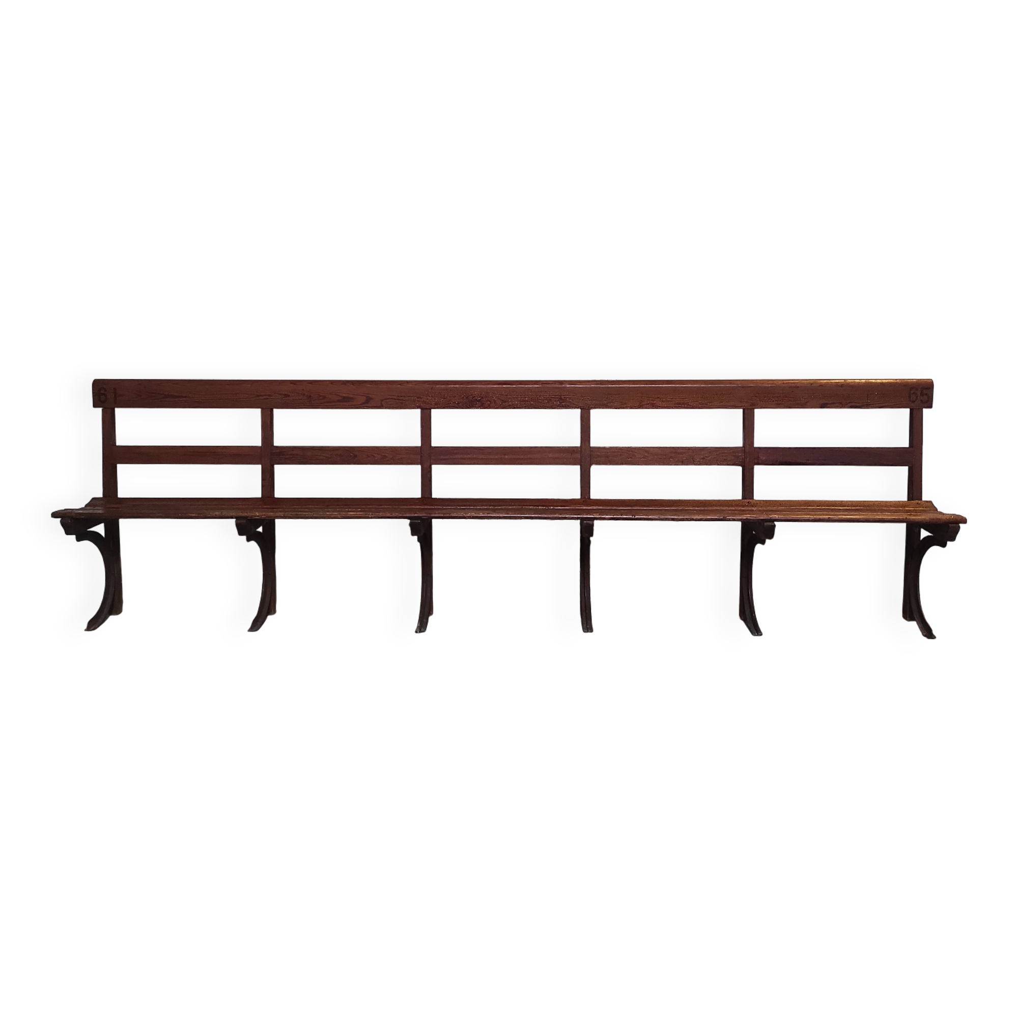 Long Wooden Church Pew | Antique Bench with Cast Iron Details | Seating