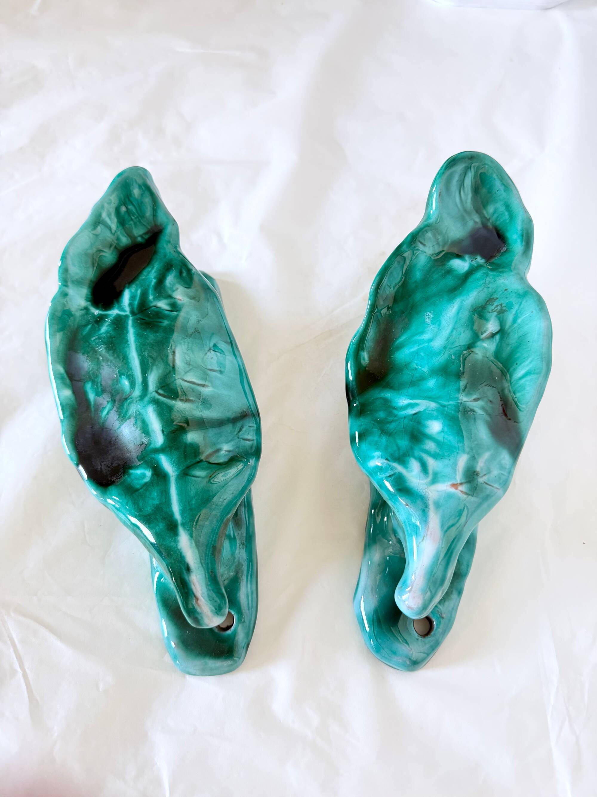 xPair of Handcrafted Teal Enameled Door Handles by Gabbianelli, Albisola, I