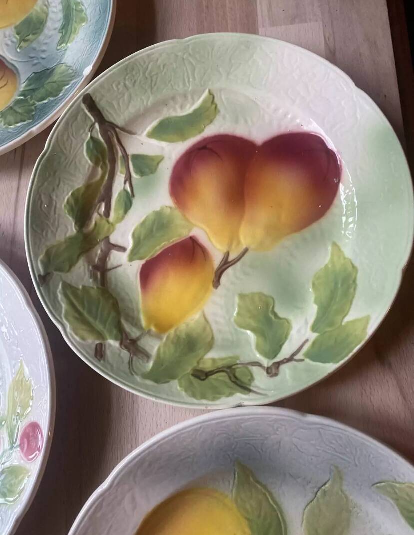 Set of 5 flat plates in Saint-Clément Barbotine earthenware with seasonal fruit motifs