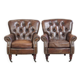 Set of 2 Cognac Brown Grained Cowhide Leather Chesterfield Armchairs