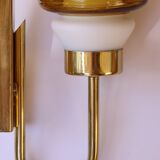 Pair of Scandinavian wall sconces, brass, opal glass and amber glass.