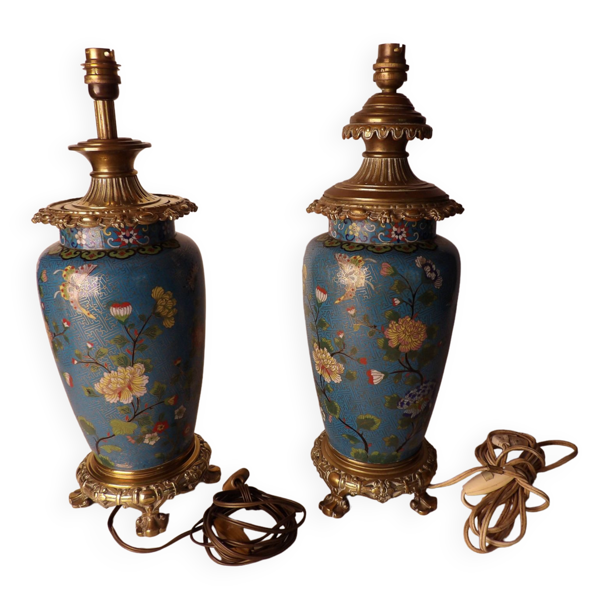 Pair of Asian style lamps in cloisonné and bronze