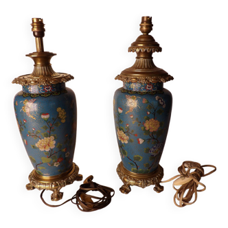 Pair of Asian style lamps in cloisonné and bronze