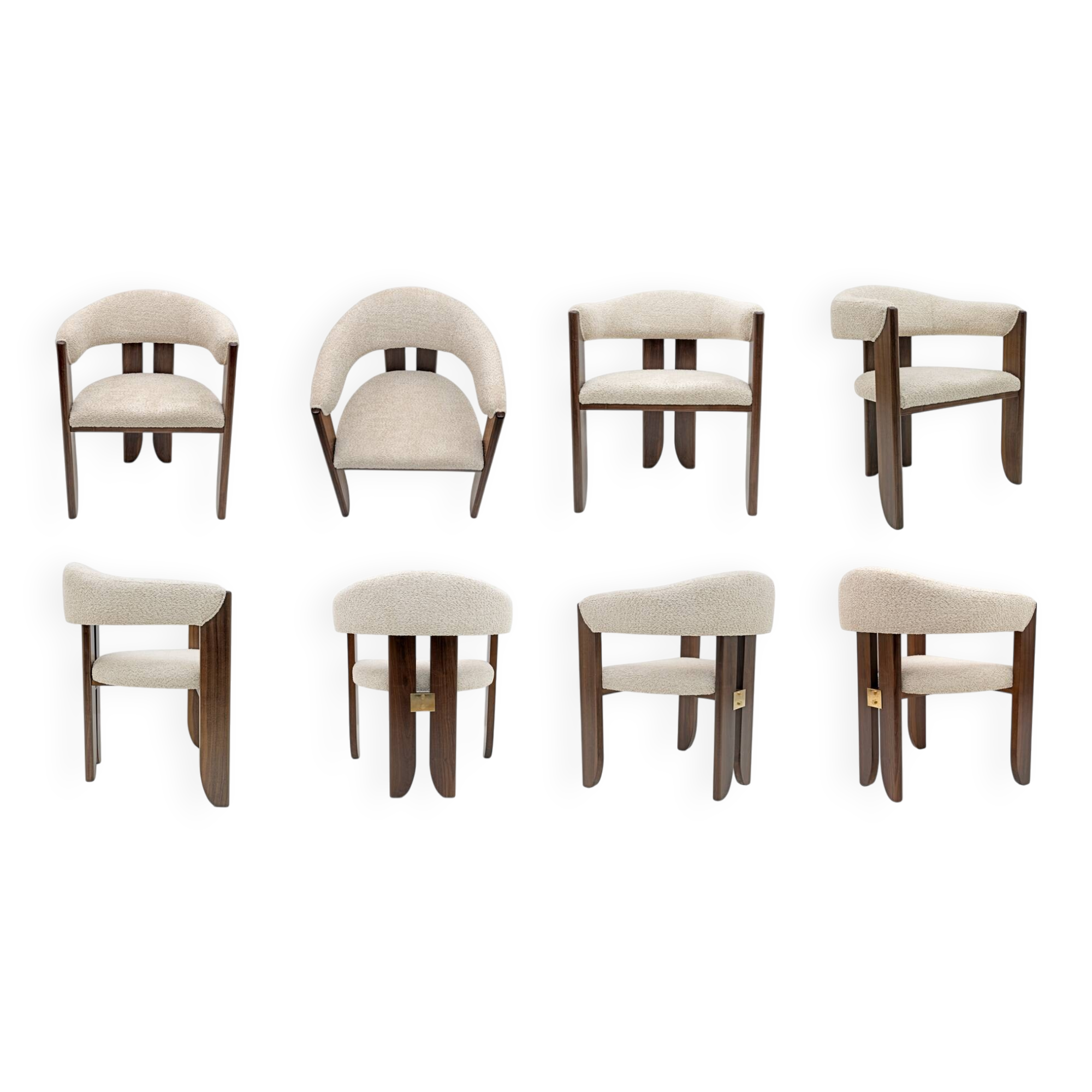 Eight Mid-century Modern Italian Bouclè and Walnut Dining Chairs, 1970s