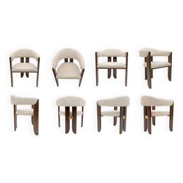 Eight Mid-century Modern Italian Bouclè and Walnut Dining Chairs, 1970s