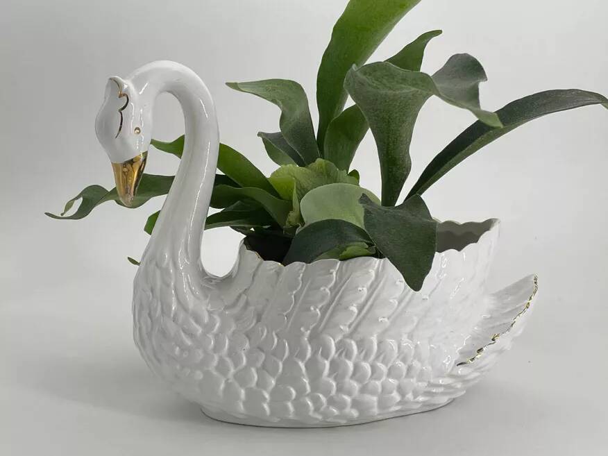 Vintage white and gold ceramic swan planter