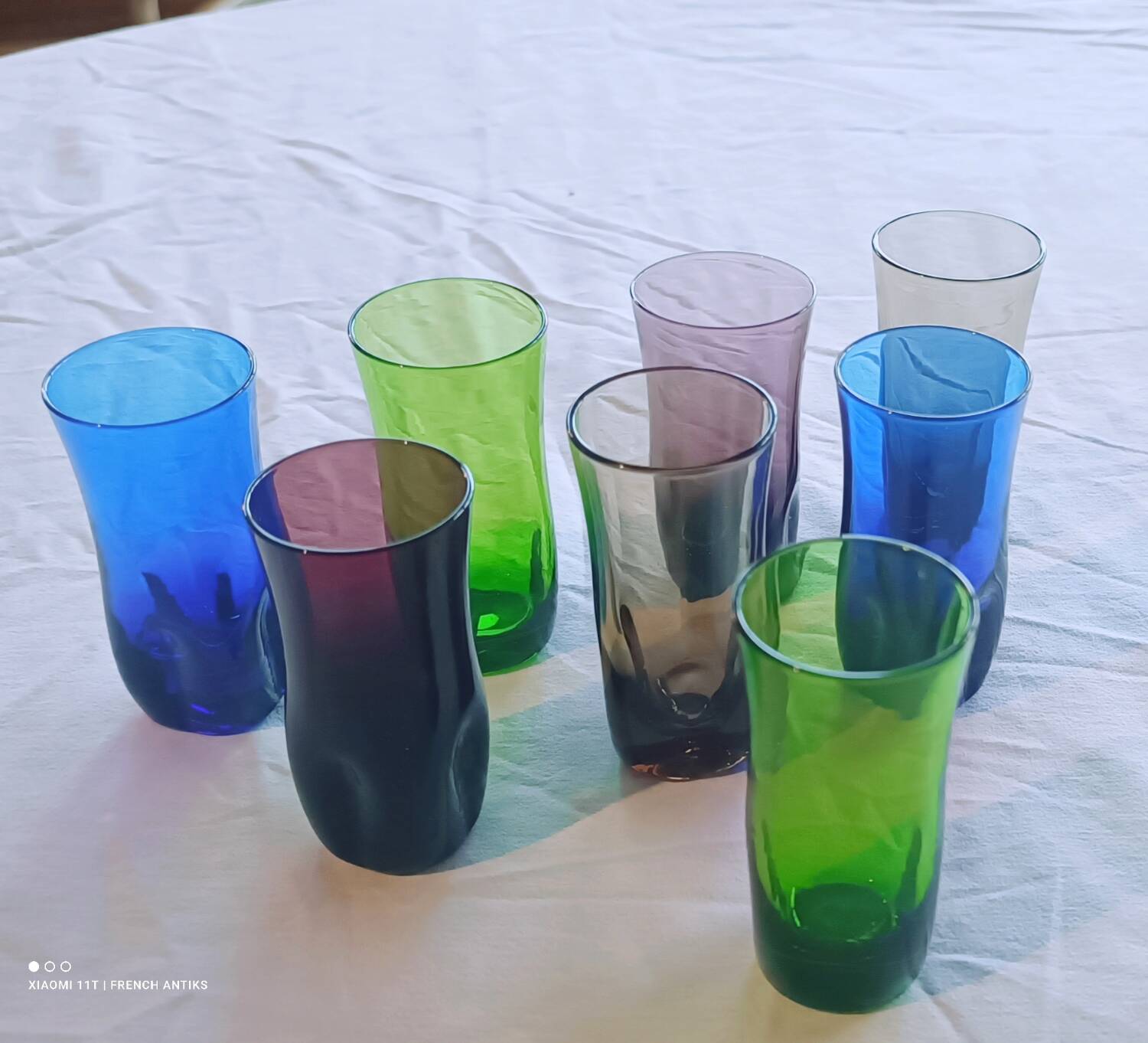 8 verres à liqueur, verre fumé, verrerie de Portieux, 1970's