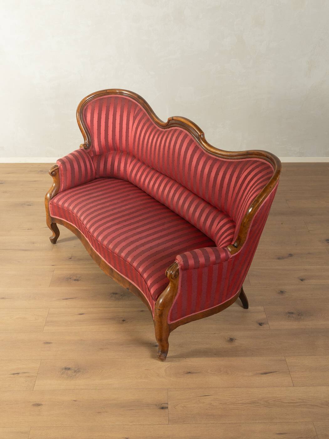 Biedermeier salon bench with raspberry red striped upholstery