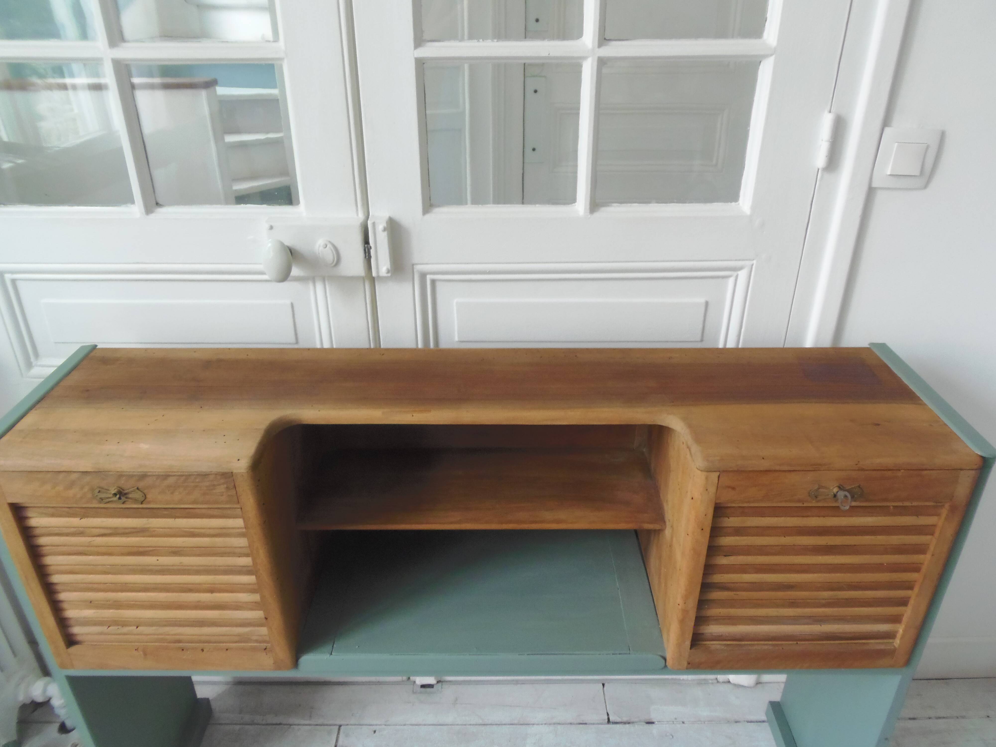 Console made with some old walnut elements. Unique smoky green piece.