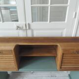 Console made with some old walnut elements. Unique smoky green piece.