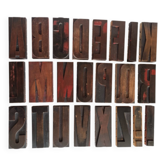 Anciennes lettres d'imprimerie en bois, alphabet, 13 cm