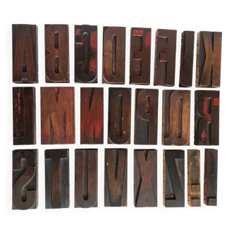 Old wooden printing letters, alphabet, 13 cm