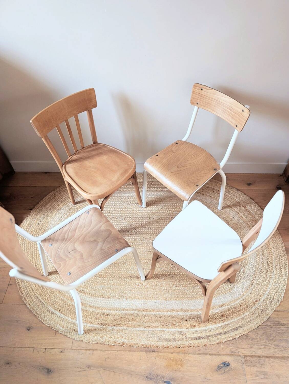 Set of 4 reimagined and mismatched vintage chairs