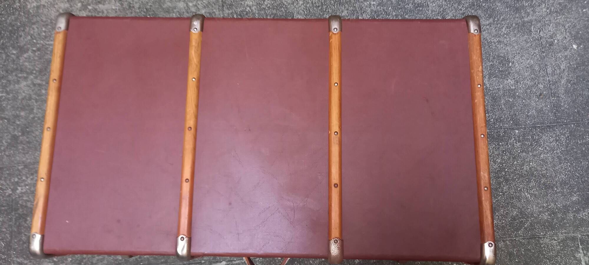 Old trunk, travel suitcase, with carrying handles and interior lockers, wooden reinforcements