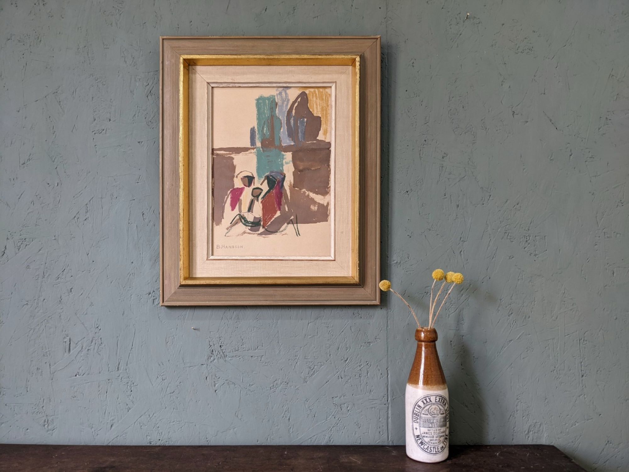 Mid-Century Modern Swedish "Seated Figures" Vintage Figurative Painting, Framed