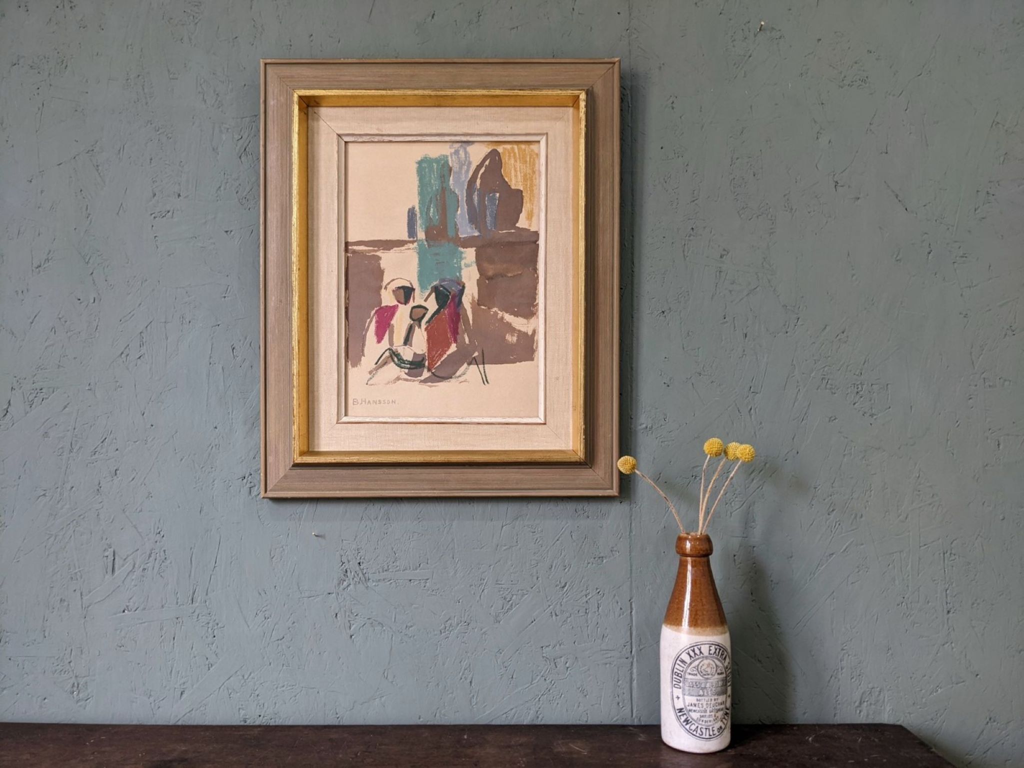 Mid-Century Modern Swedish "Seated Figures" Vintage Figurative Painting, Framed