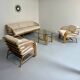 Complete living room with rattan sofa and white bouclette, brass finish, 80's design
