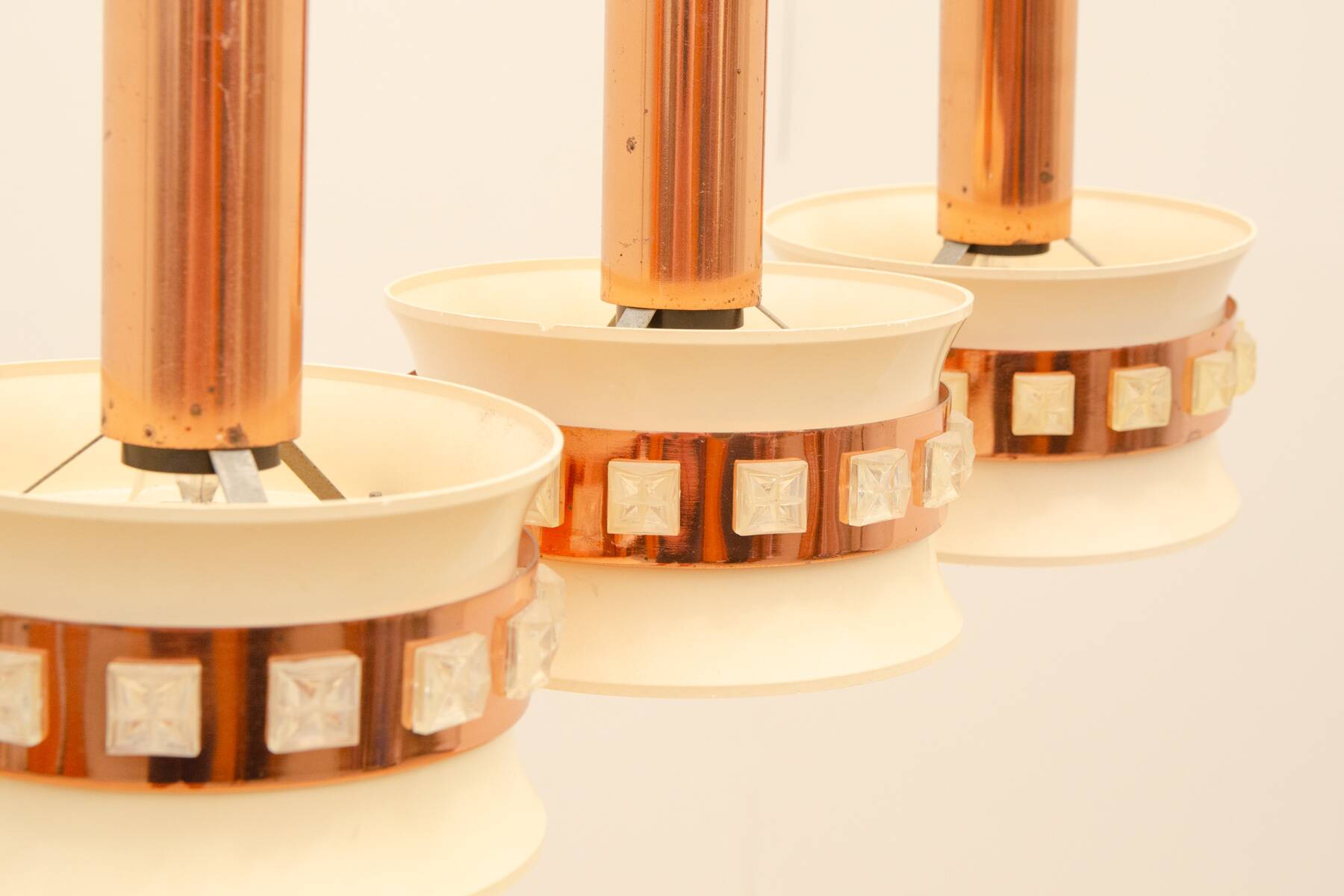 Vintage hanging lamp with three cut glass lampshades, Kamenický Šenov, 1970´s