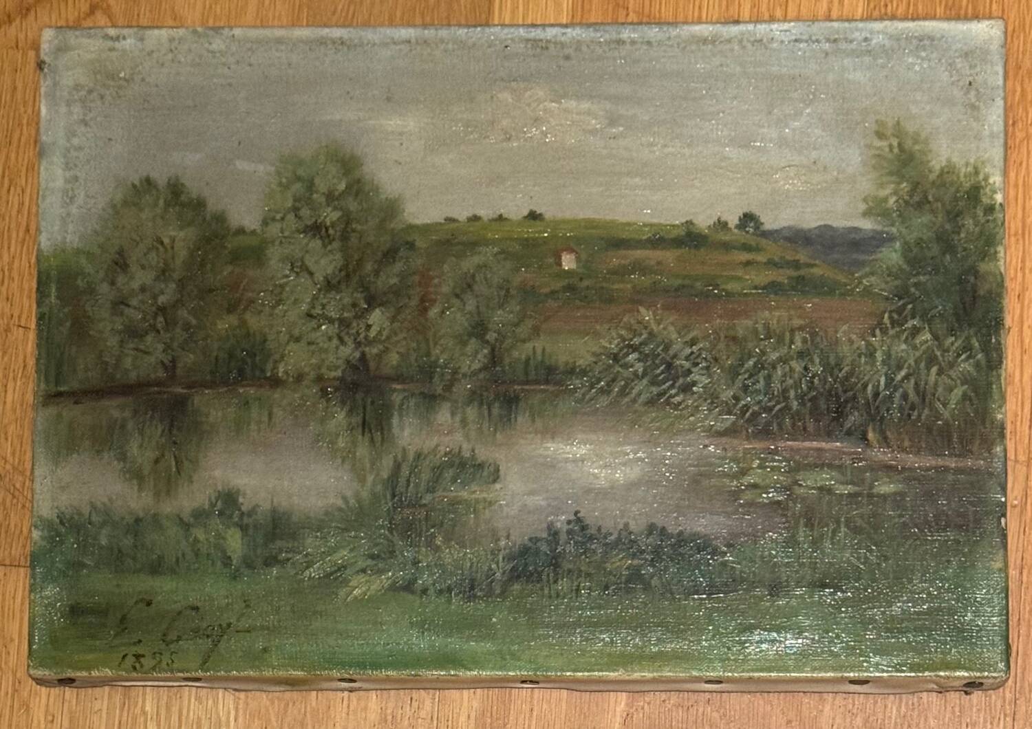 Antique painting, landscape with pond, signed and dated 1895