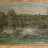 Antique painting, landscape with pond, signed and dated 1895