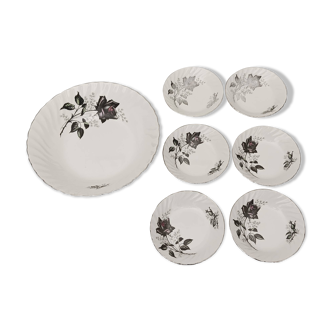 Saladier et 6 coupelles - Motifs rose noire - Royal Wessex made in England by Swinnertons