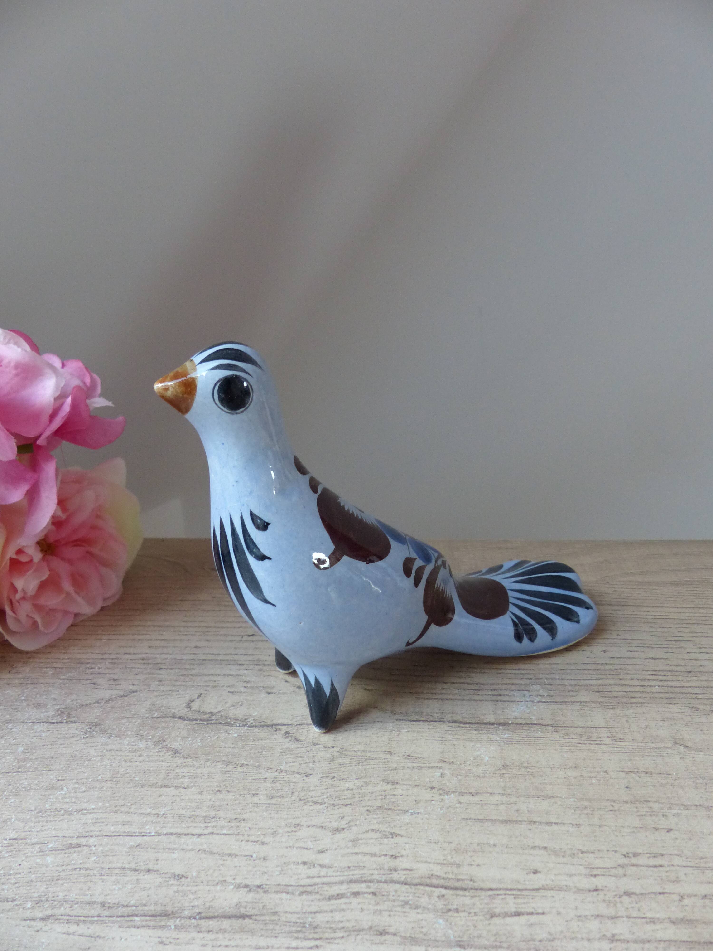 Bird figurine, large Tonala pottery dove with floral pattern Mexico vintage decoration
