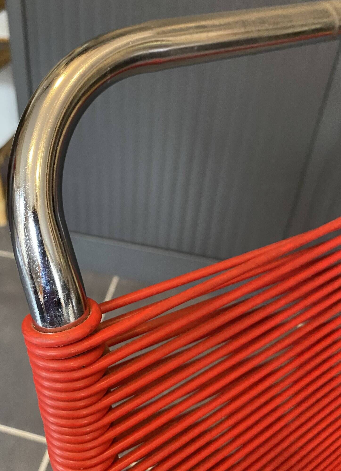 Scoubidou chair or vintage 1960 red chrome spaghetti chair