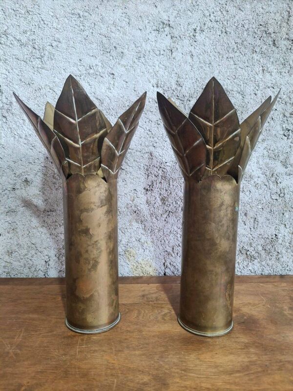 Rare Paire de Vases Trench Art 75mm Grande Guerre 1916 Laiton Cuivre