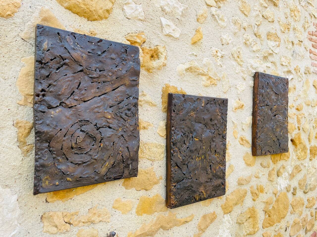 Set of three brutalist wall sculptures, by Irv Bramberg, vintage