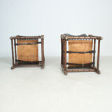 Pairs of vintage Safari style armchairs in wood and leather