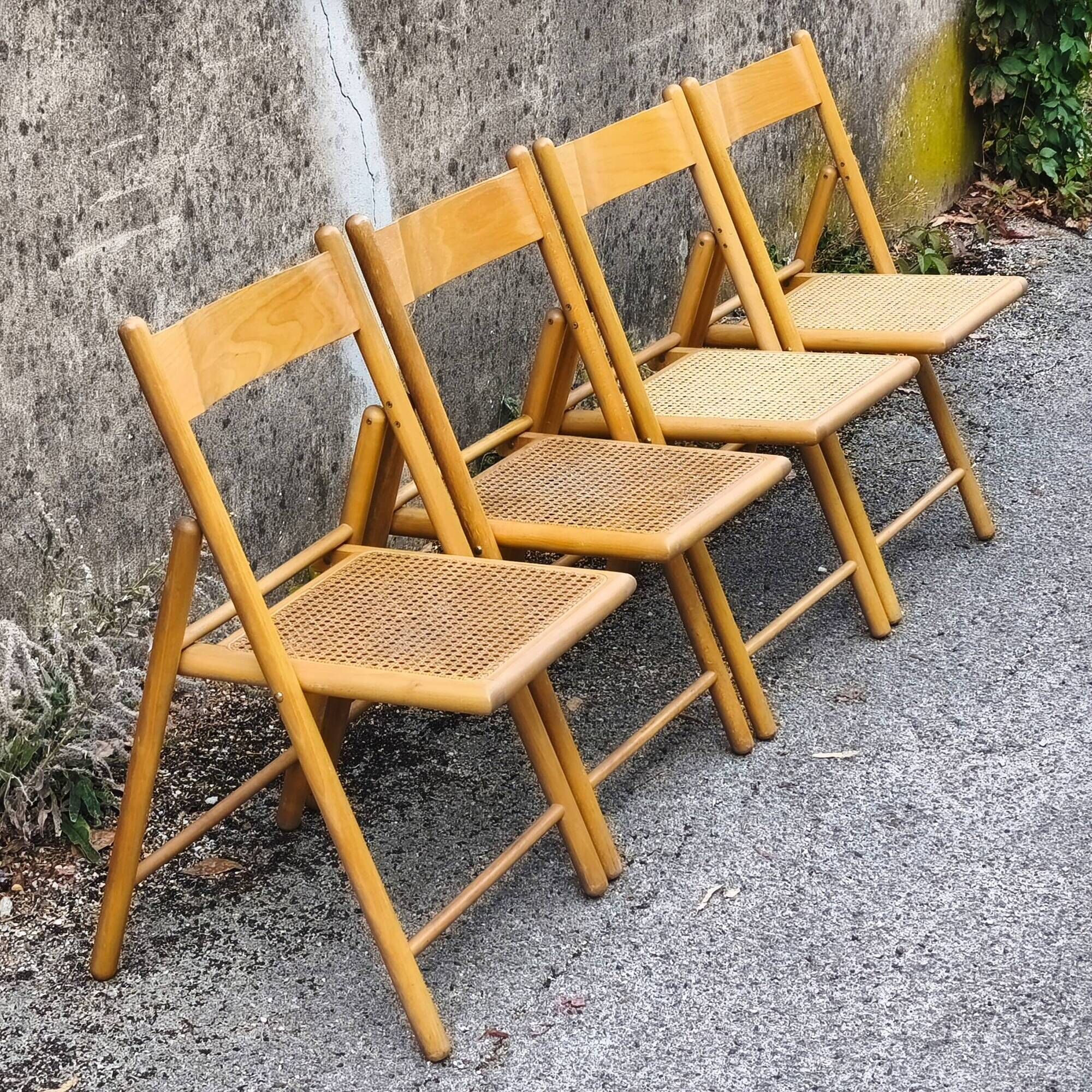Set of 4 folding chairs in beech and caning by Habitat, 1980s.