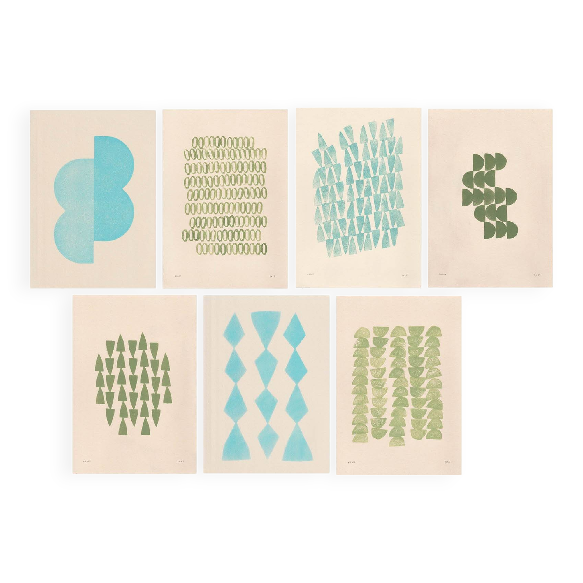 Collection of 7 paintings on paper in cool tones signed Eawy.