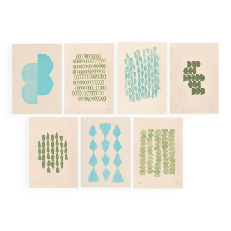 Collection of 7 paintings on paper in cool tones signed Eawy.