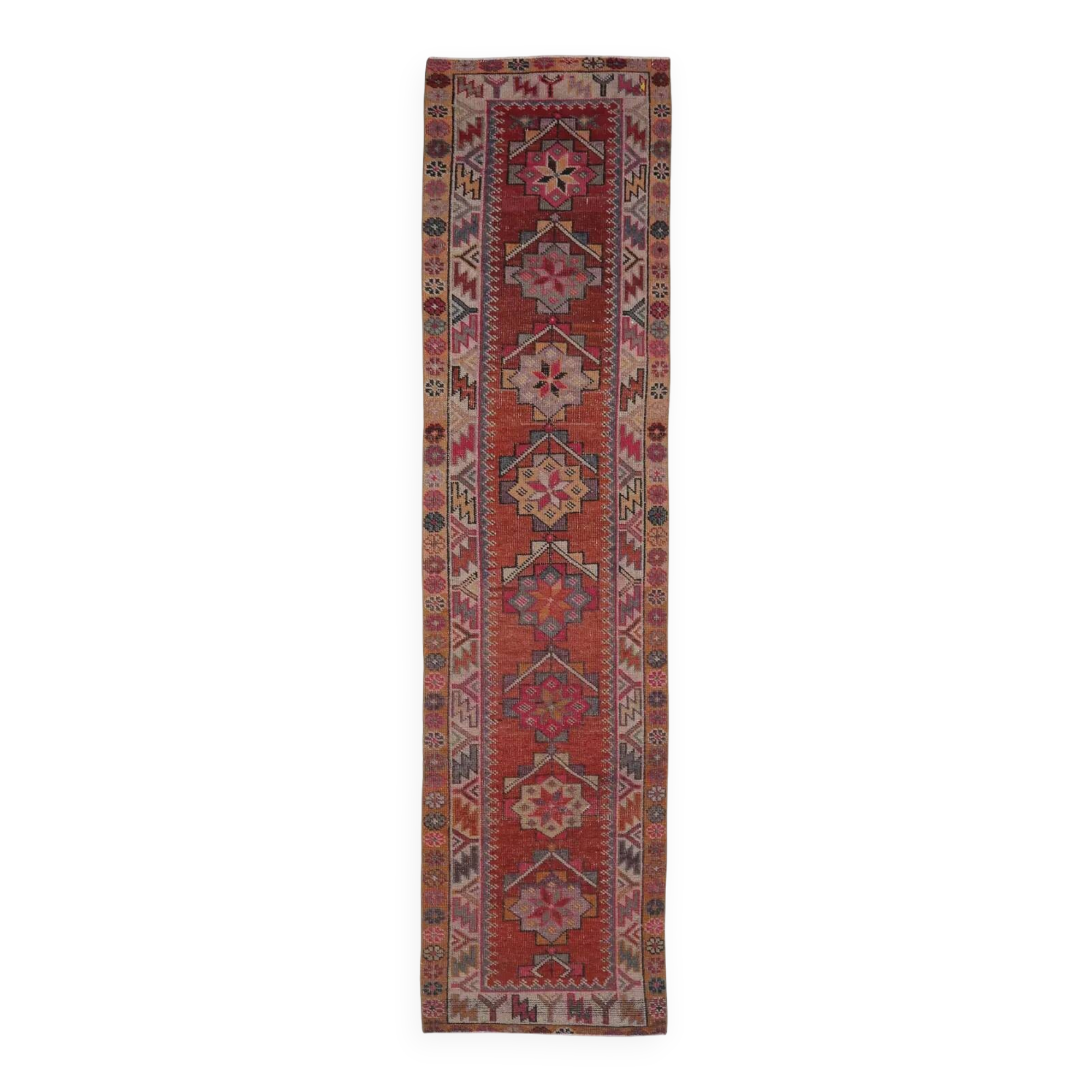 Vintage Turkish hand-knotted wool cotton red runner rug 83x362