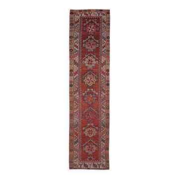 Vintage Turkish hand-knotted wool cotton red runner rug 83x362