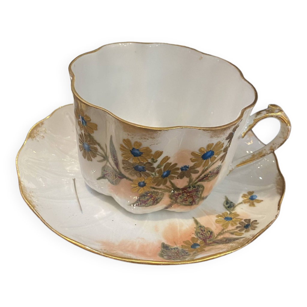 Tasse à Café Ou Thé Avec Soucoupe Shabby Chic Romantique - Porcelaine Blanche Motif Relief Floral