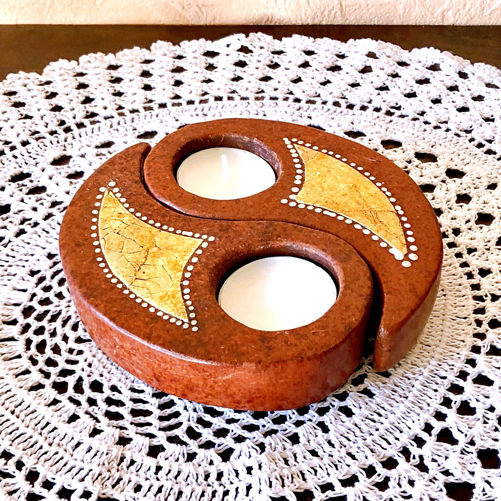 Double tealight candle holder YIN -YANG terracotta handmade decor Indonesia