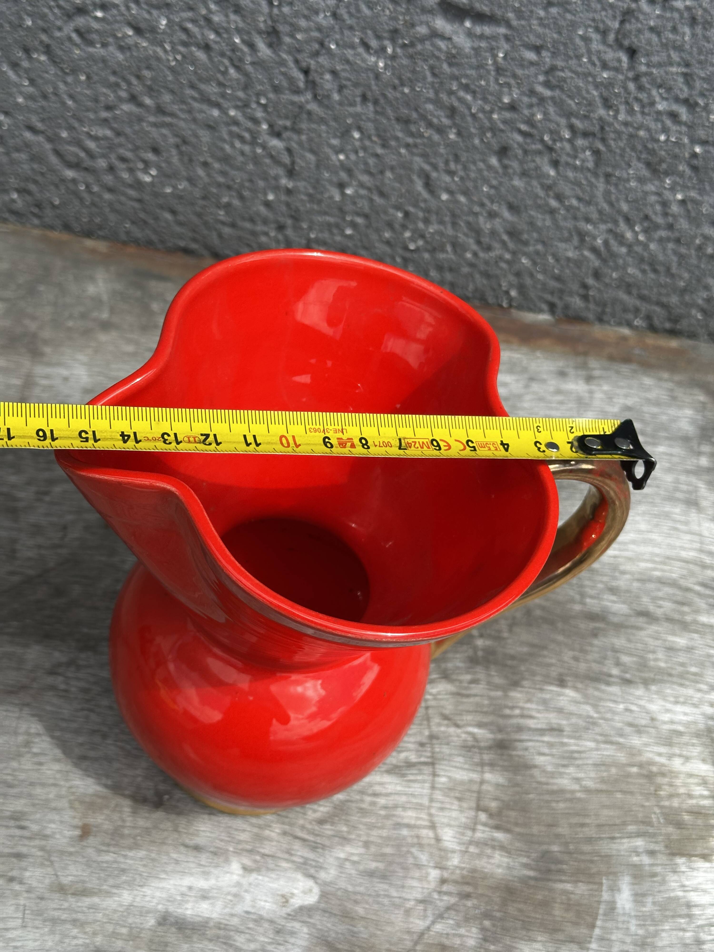 Red Pitcher Vase with Gold Accents Attributed to André Baud - Vallauris