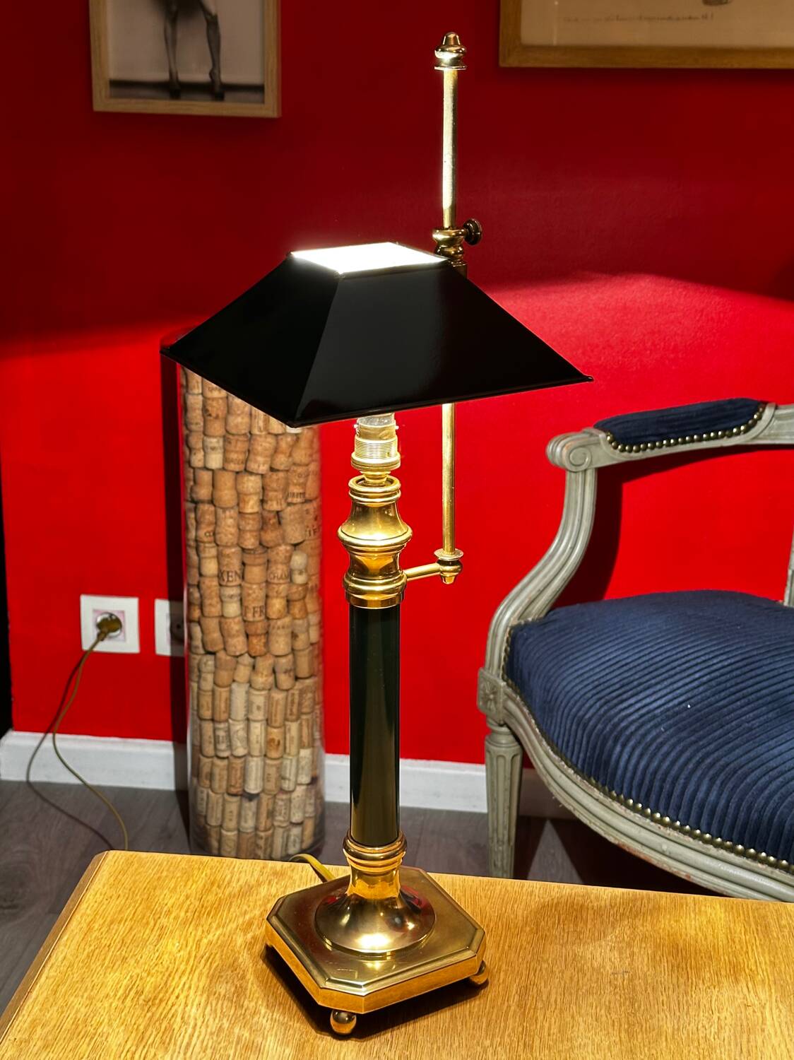 Large Empire Bouillotte Lamp in Brass and Lacquered Sheet Metal Restored - H6