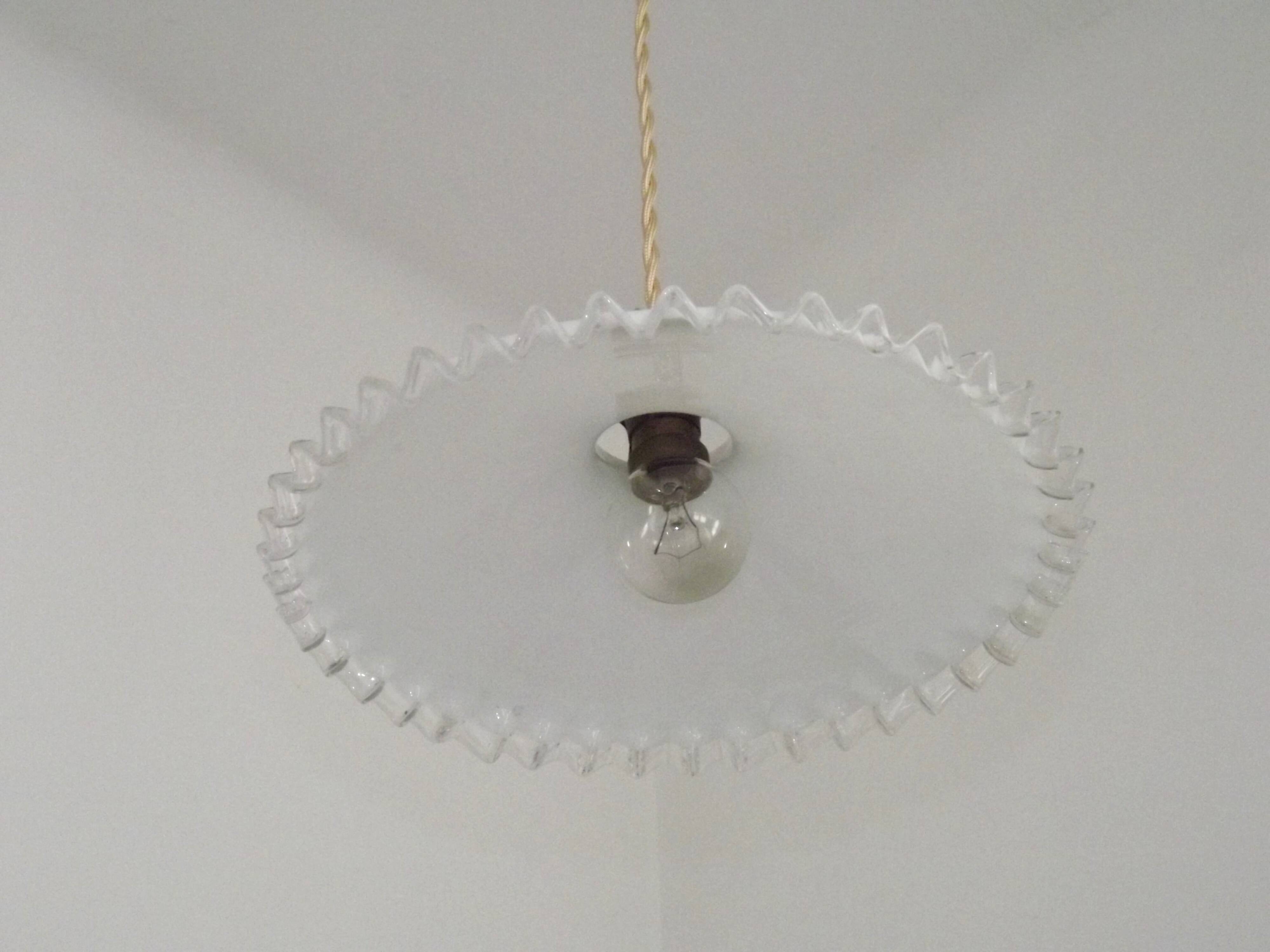 Vintage French Art Deco White Opaline Glass Pendant Light with Frilled Edge 5563