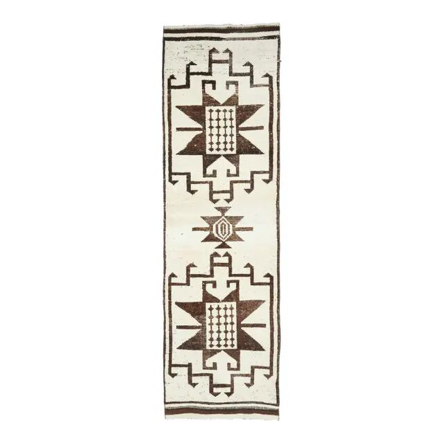 Vintage Turkish Oushak handmade wool cotton white runner rug 100x350